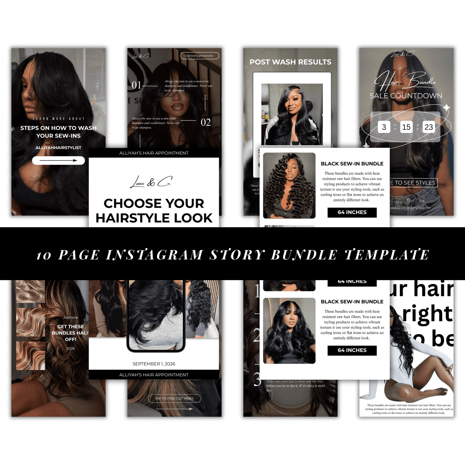 Luxury Hair Instagram Story Bundle | 10 Editable Templates
